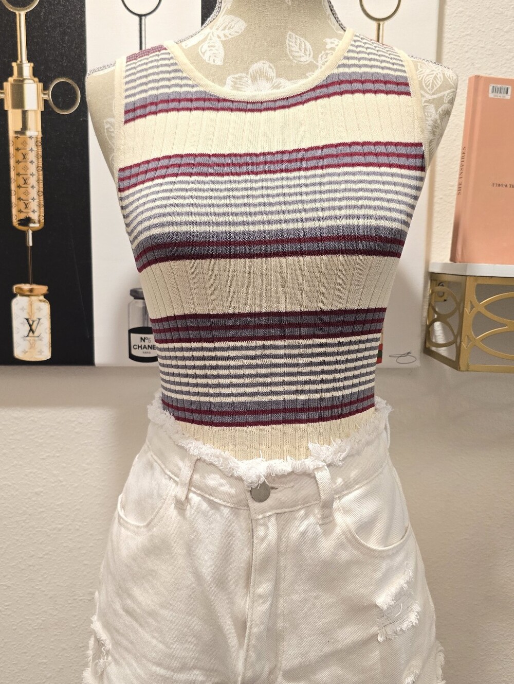 Chelsea & Violet Cream Ribbed Bodysuit with Burgundy & Blue Stripes